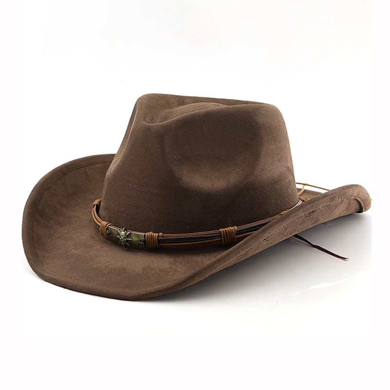 Cowboy Hat Straw - หมวกคาวบอยหนังกลับสไตล์ตะวันตกสำหรับผู้ชายและผู้หญิง หมวกสักหลาดปีกม้วนสไตล์วินเทจ หมวกแจ๊สสำหรับกิจกรรมกลางแจ้งและการเดินทาง หมวกนักรบ