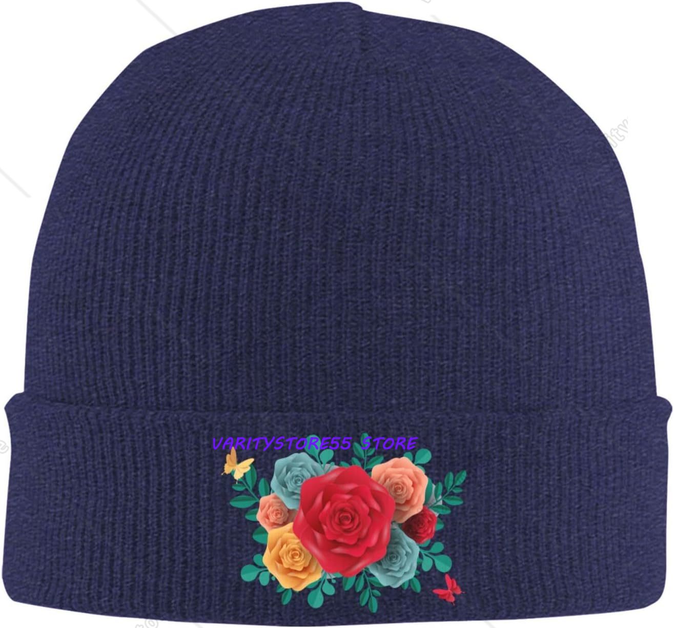 Beanie Cuffed Knit - หมวกบีนนี่ลายกุหลาบหลากสี สำหรับผู้ชายและผู้หญิง หมวกไหมพรมฤดูหนาว หมวกทรงสกัลล์แบบพับขอบ หมวกสกี