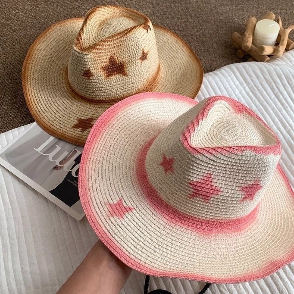 Cowboy Hat Straw - หมวกคาวบอยสไตล์ตะวันตก ระบายอากาศได้ดี ปีกกว้าง พับเก็บได้ ป้องกันแสงแดด หมวกฟางสำหรับผู้ชาย