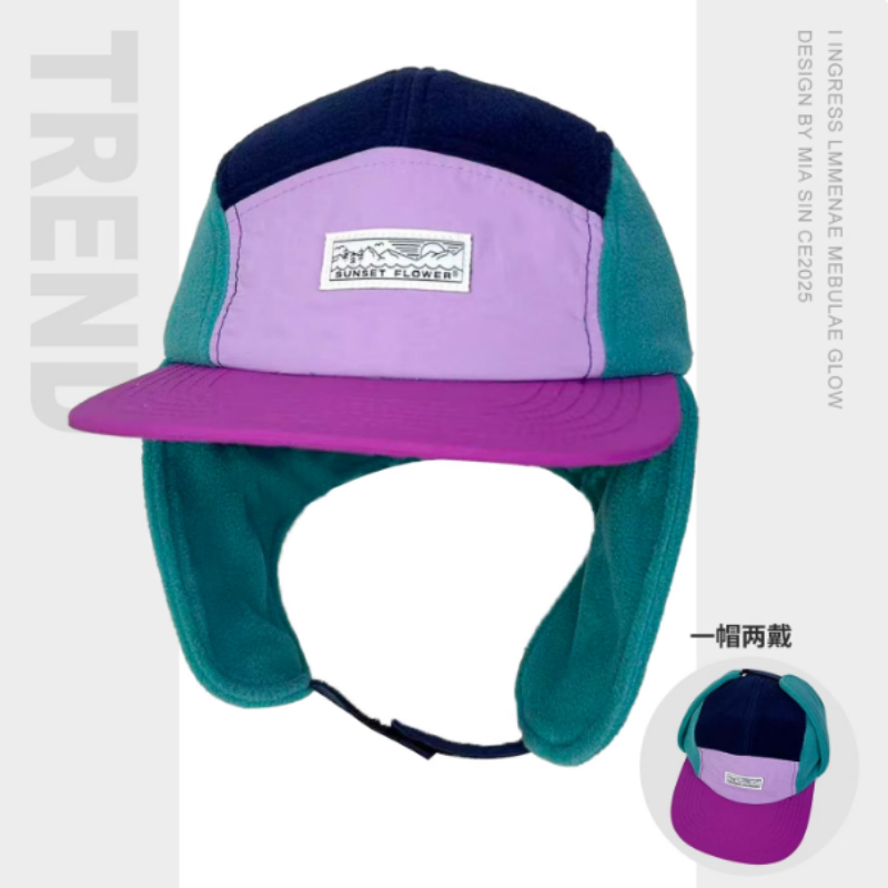 Corduroy Cap 5 Panel - หมวกเบสบอลแบบห้าชิ้น ผ้าฟลีซกันหนาวสไตล์เกาหลี สีสันตัดกัน สำหรับผู้ชายและผู้หญิง ป้องกันหู อุ่นสบาย